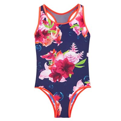 Girls' navy floral print swimsuit